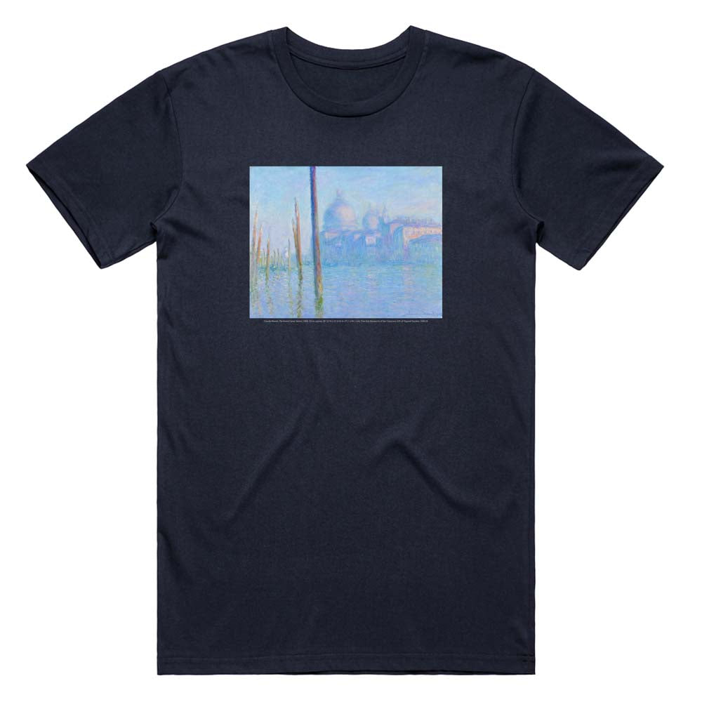Navy blue t-shirt with a small square print of a cityscape on a white background
