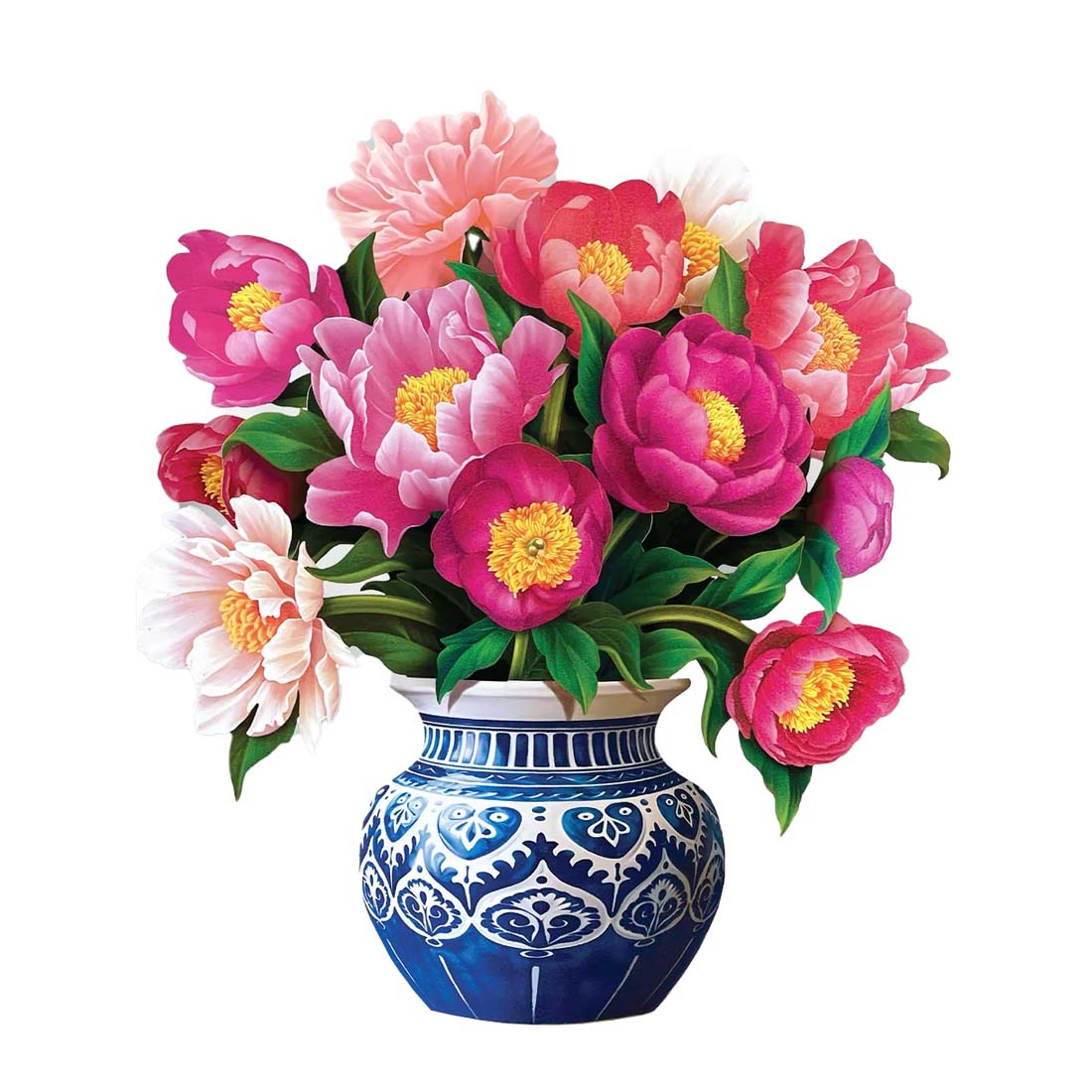 Bouquet of pink and red flowers in a blue and white decorative vase on a white background