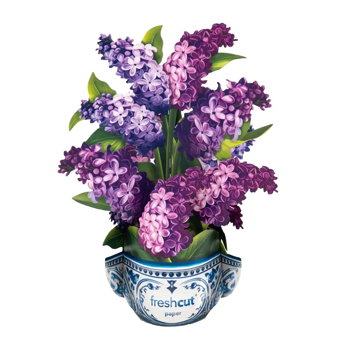 Bouquet of purple and pink flowers in a decorative container with 'freshcut paper' branding on a white background.