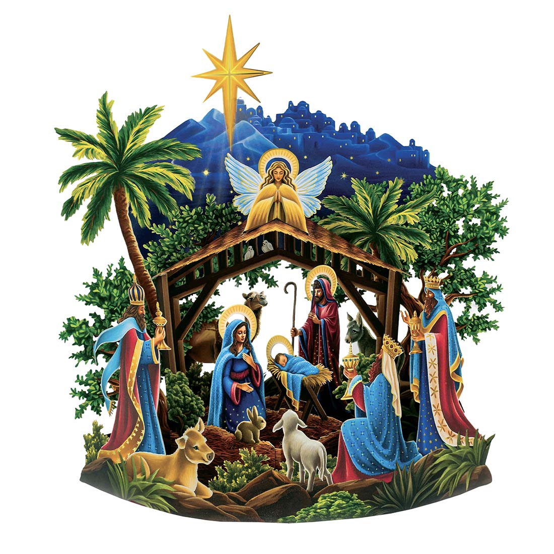 Nativity scene with Mary, Joseph, baby Jesus, and three wise men against a mountainous background.