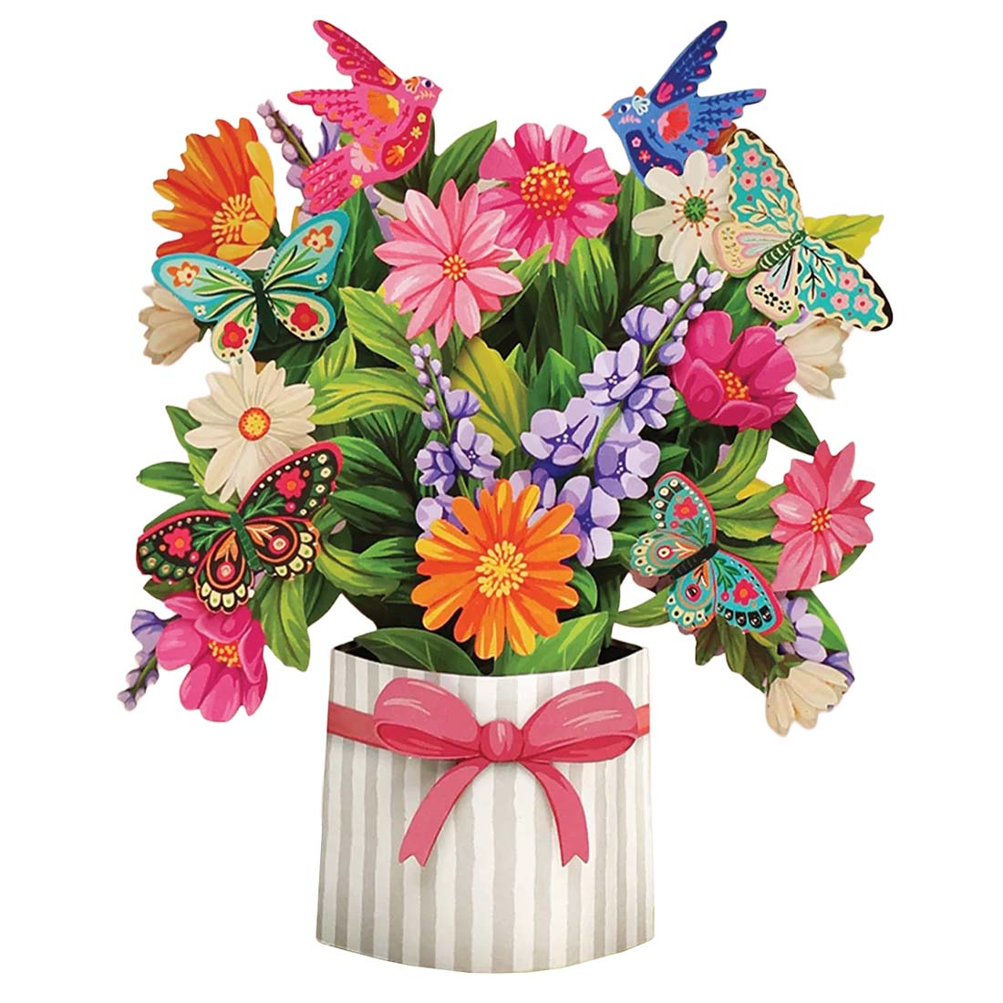 Colorful bouquet of flowers with butterflies in a striped vase on a white background