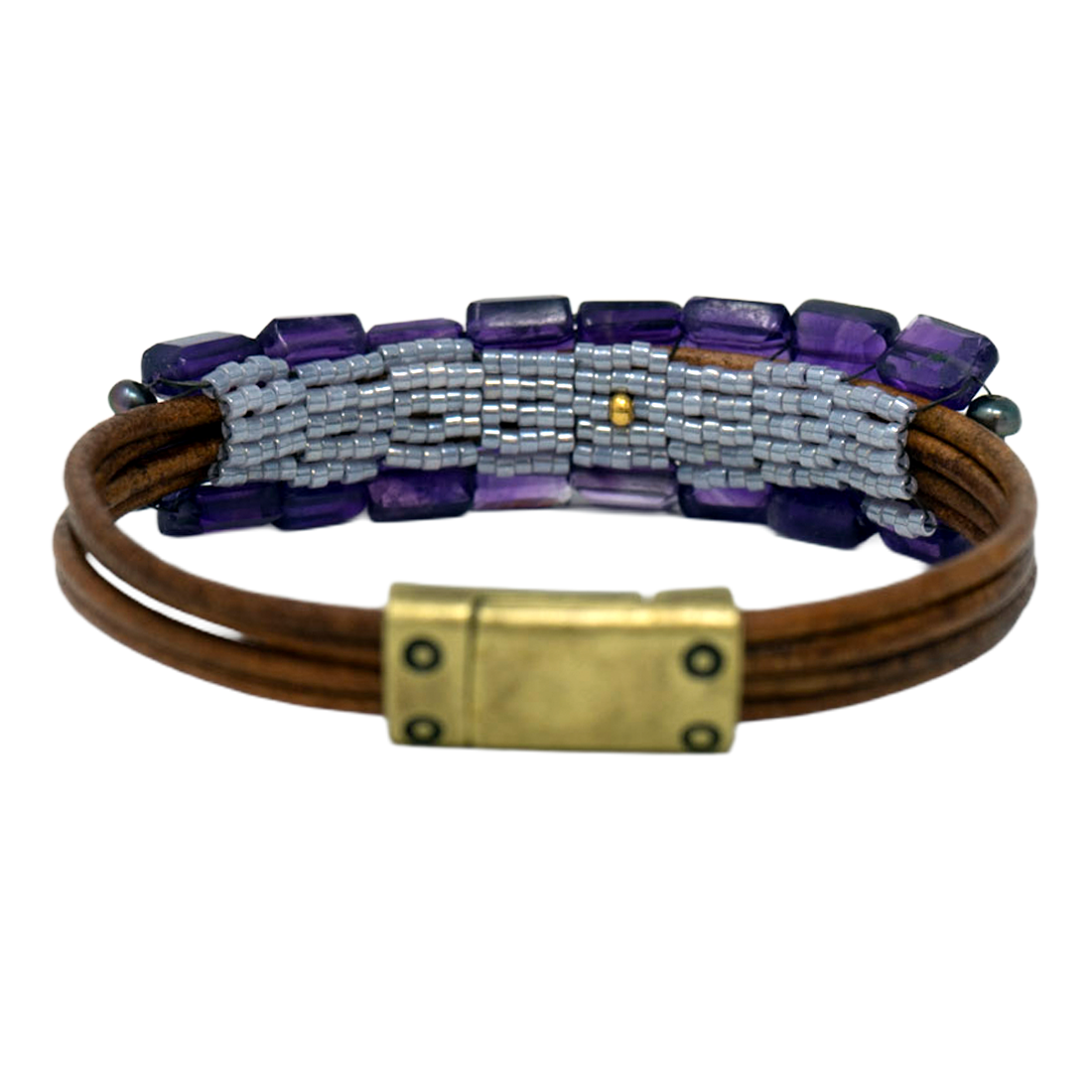 Multistrand bracelet with purple amethyst and metallic beads - back view of bracelet