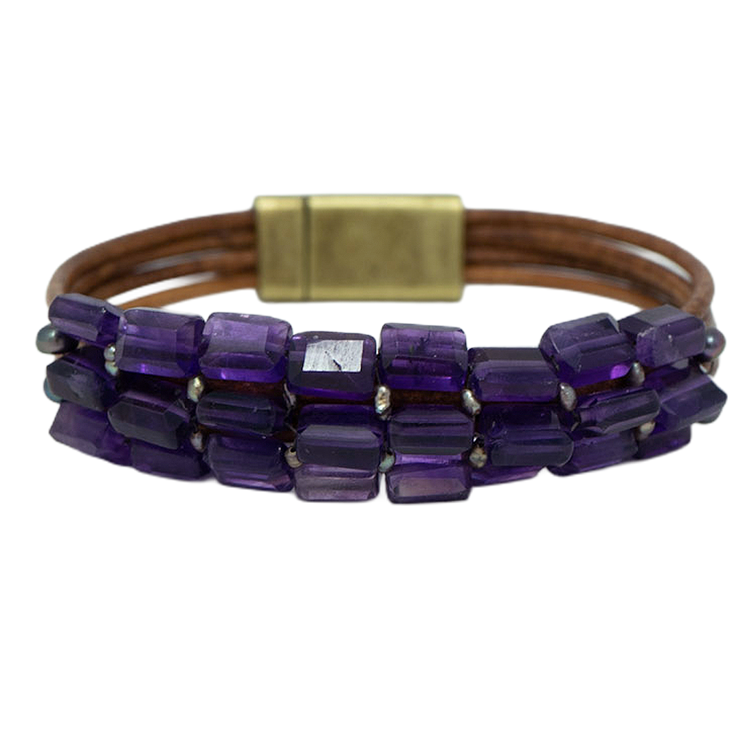 Bracelet with purple amethyst beads and brown leather strap