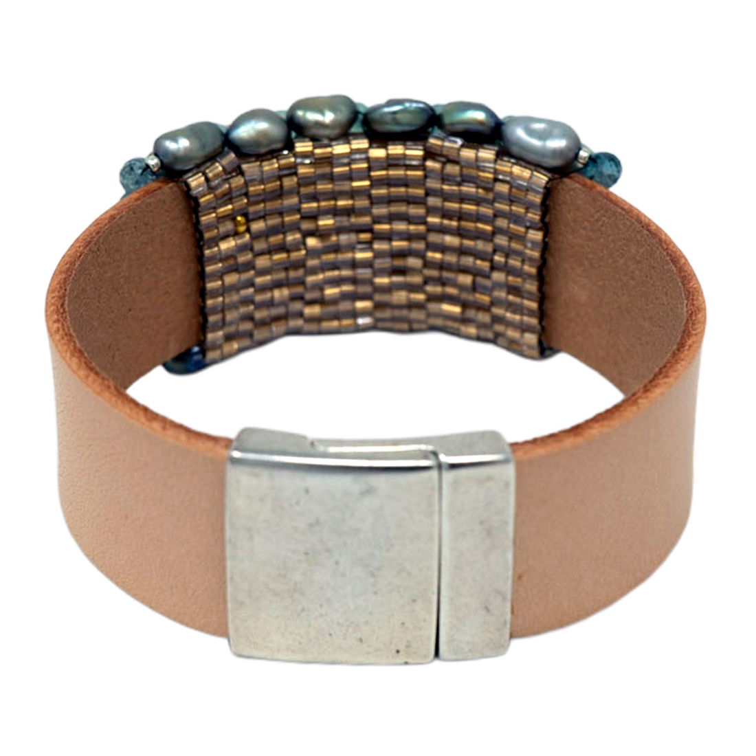 Bracelet with leather band, beaded section, and metal clasp - view of the back of the bracelet