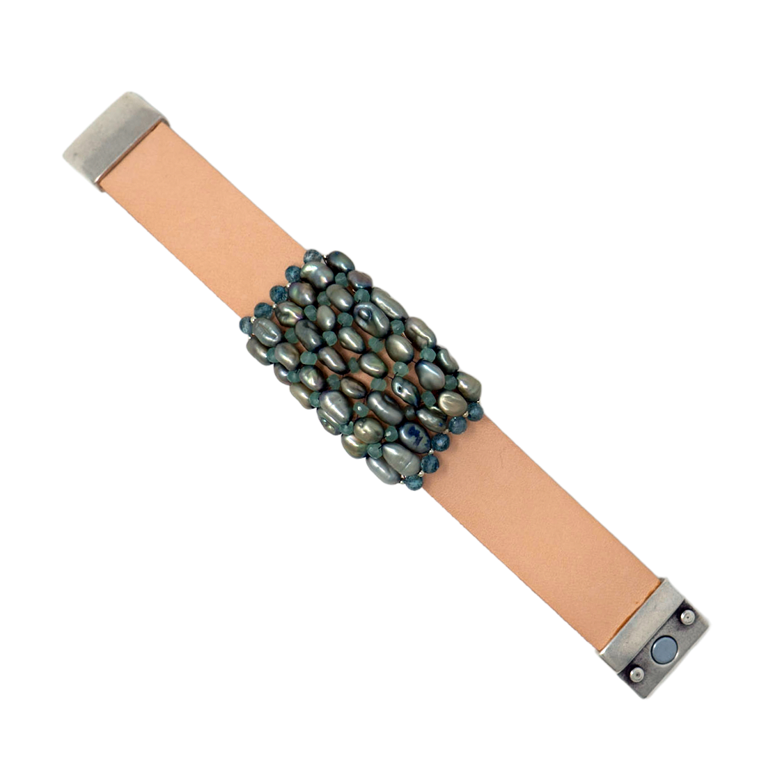 Blue beaded pearl bracelet on a beige leather strap with silver clasp as a flat lay 