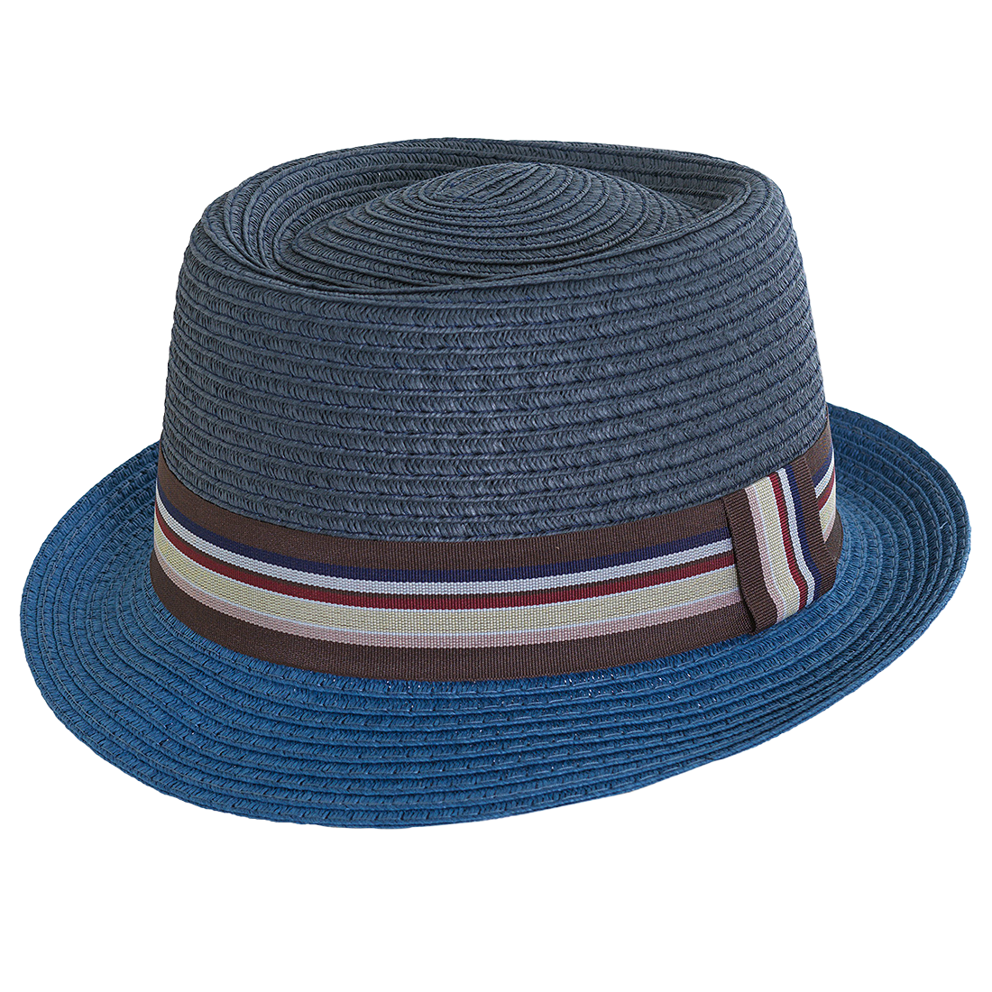 Navy blue straw hat with a striped band 
