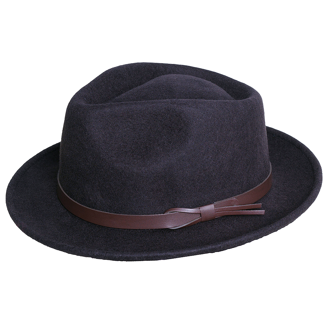 Black fedora hat with a brown band 