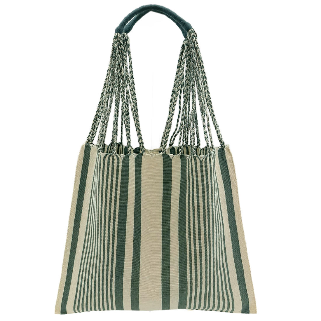 Striped tote bag with green and white pattern with woven handles