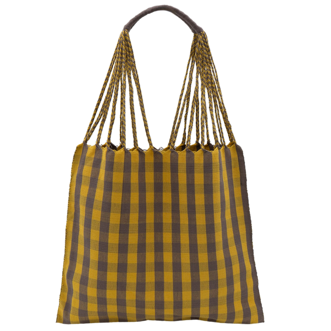 Yellow and grey checkered tote bag with woven handles 