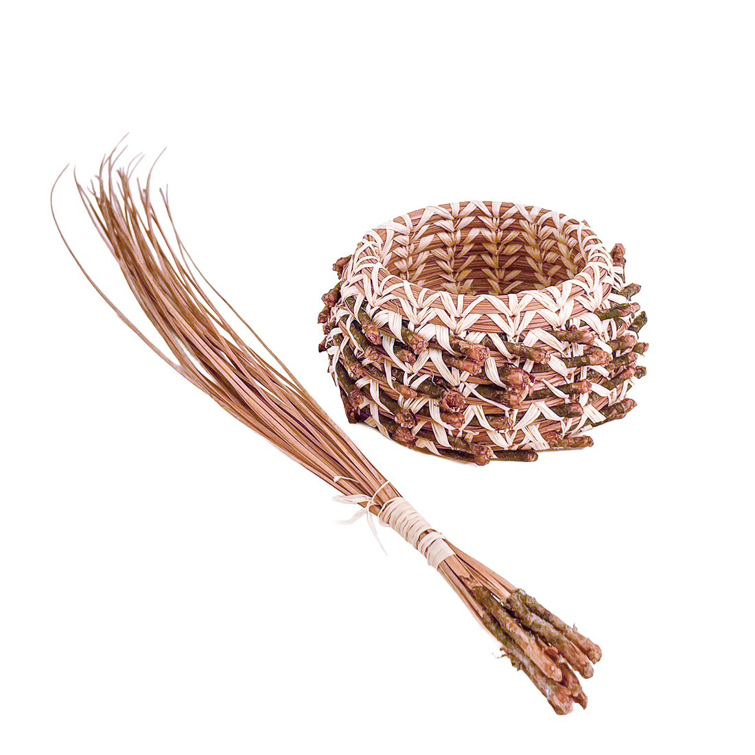 Woven basket and bundle of materials for scale