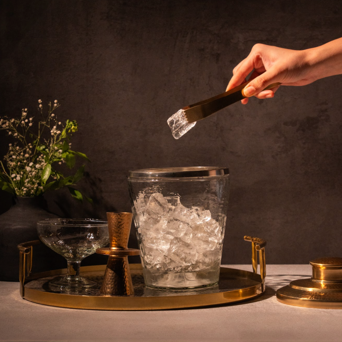 Pebbled Ice Bucket with Tongs Set