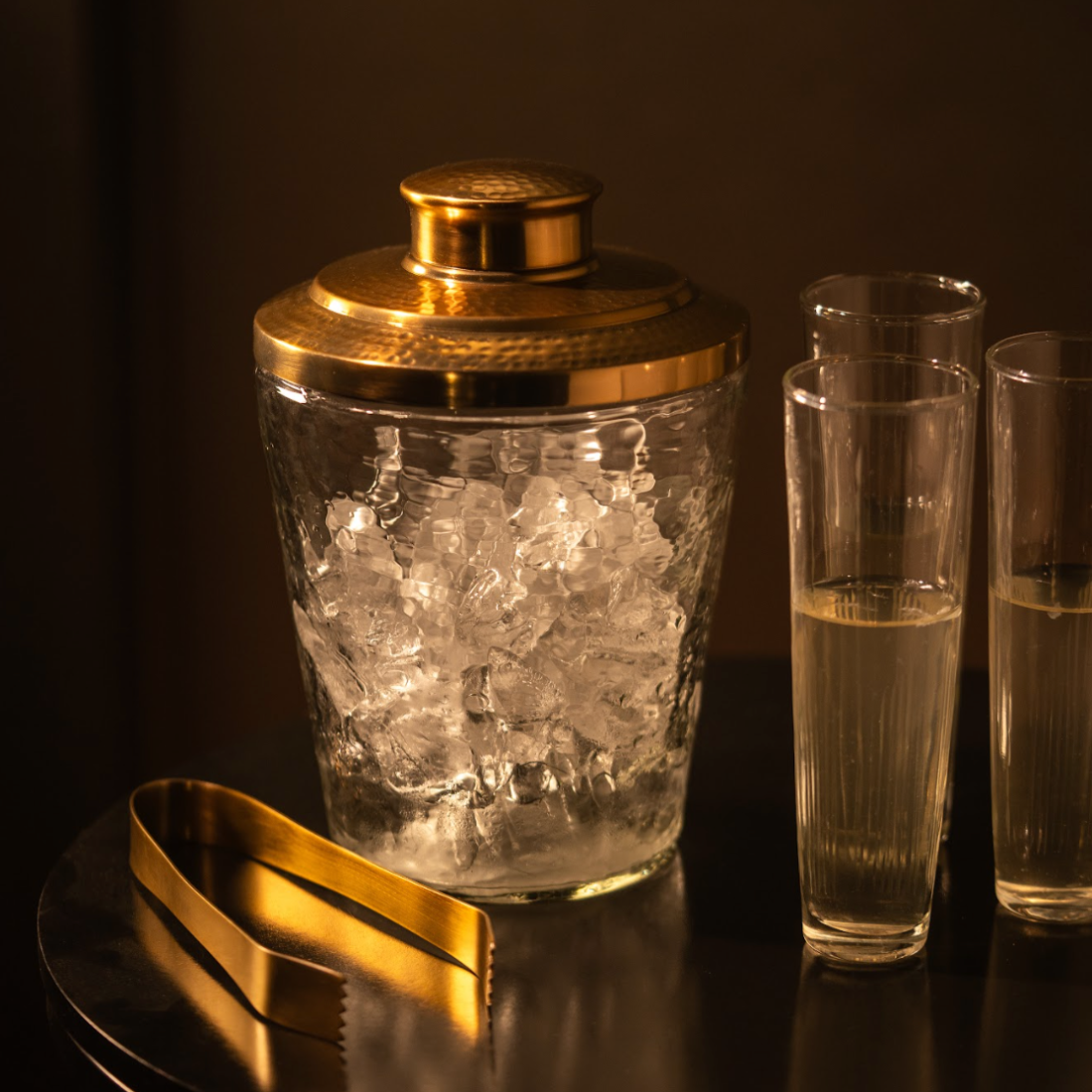 Pebbled Ice Bucket with Tongs Set