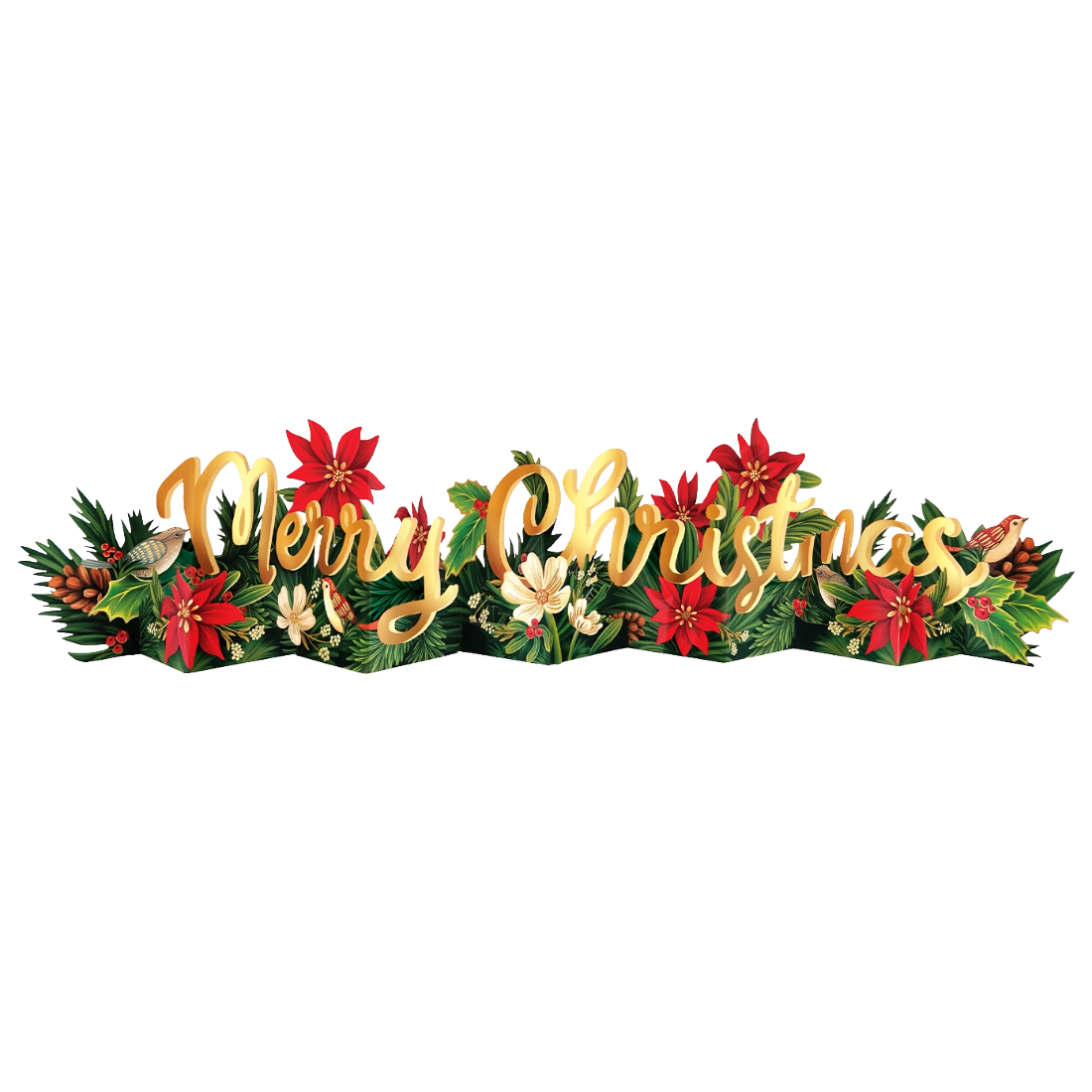 A festive horizontal banner featuring the words 'Merry Christmas' in elegant gold cursive script, surrounded by red poinsettias, green pine branches, holly leaves, and shown on a plain white background.