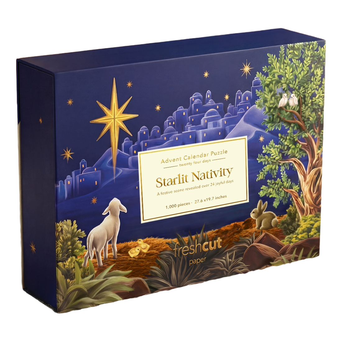 A boxed advent calendar puzzle titled "Starlit Nativity" by freshcut paper, shown at a slight angle on a white background. The box features a dark blue illustrated scene with a glowing gold star, a cityscape, sheep, trees, and small animals.