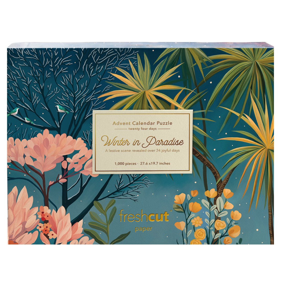 Fresh Cut Paper 'Winter in Paradise' Advent Calendar Puzzle box, featuring a tropical illustration with palm trees, pink flowers, and a cream-colored central label.