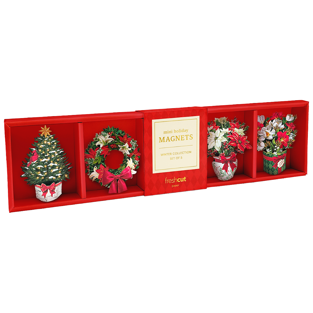 A red gift box set containing four Christmas-themed miniature magnets: a decorated tree, a wreath, two floral arrangements, and a central label reading 'mini holiday MAGNETS winter collection set of 4' with the Frisco Mart brand visible.