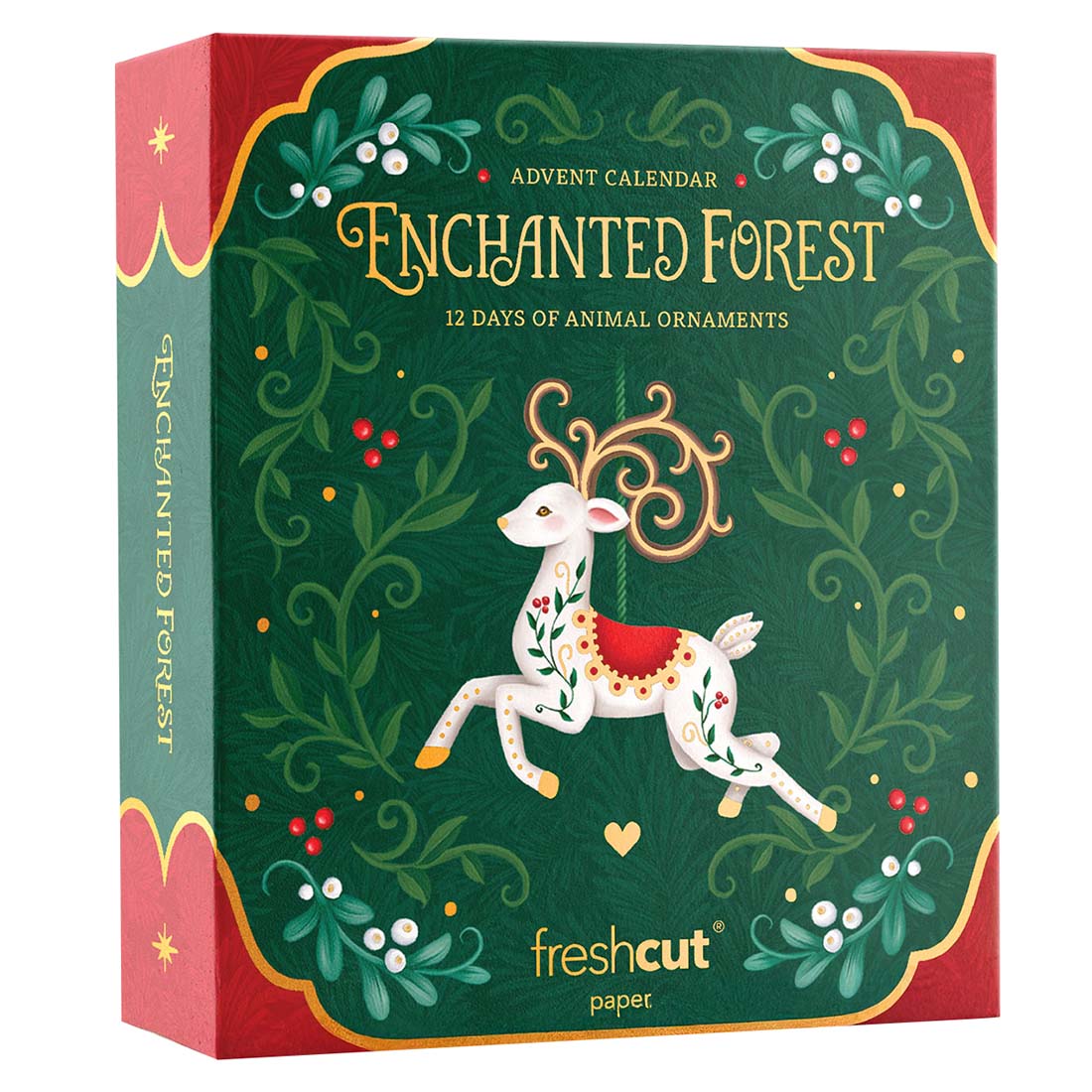 Advent calendar box for 'Enchanted Forest' with a deer illustration on a green background.