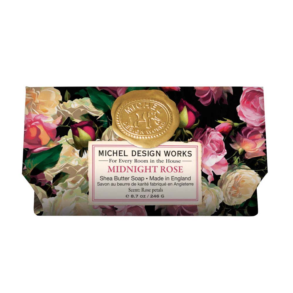 Bar of soap with floral design and 'Michel Design Works' branding on a white background