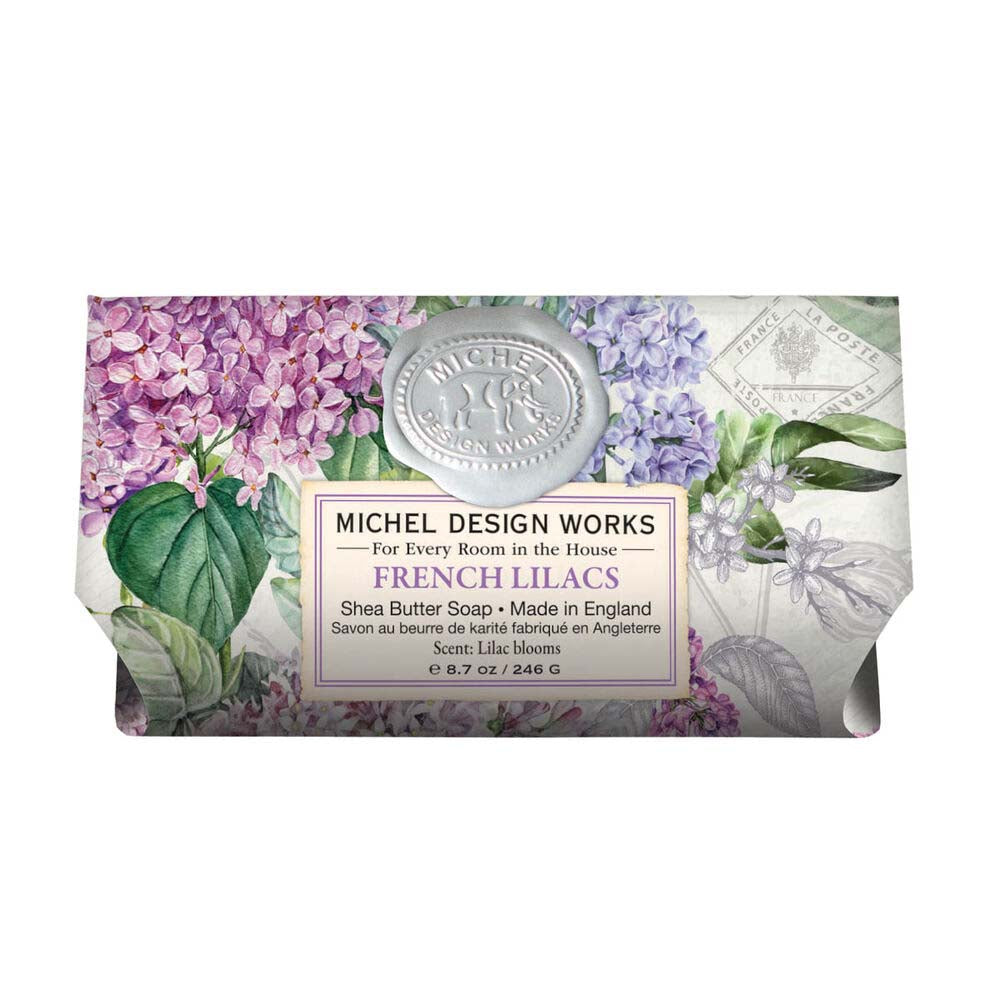 Bar of soap with floral design and 'Michel Design Works' branding on a white background