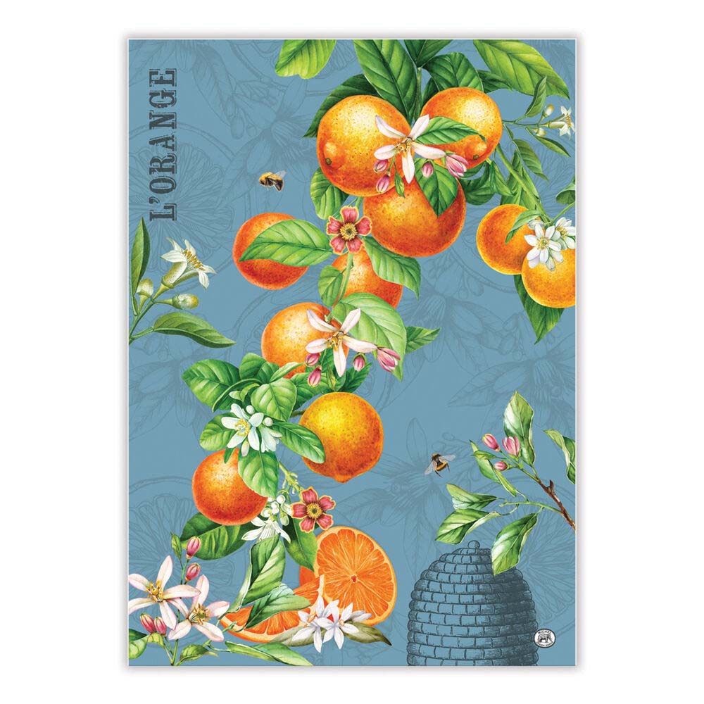 Decorative poster with oranges, flowers, and a beehive on a blue background