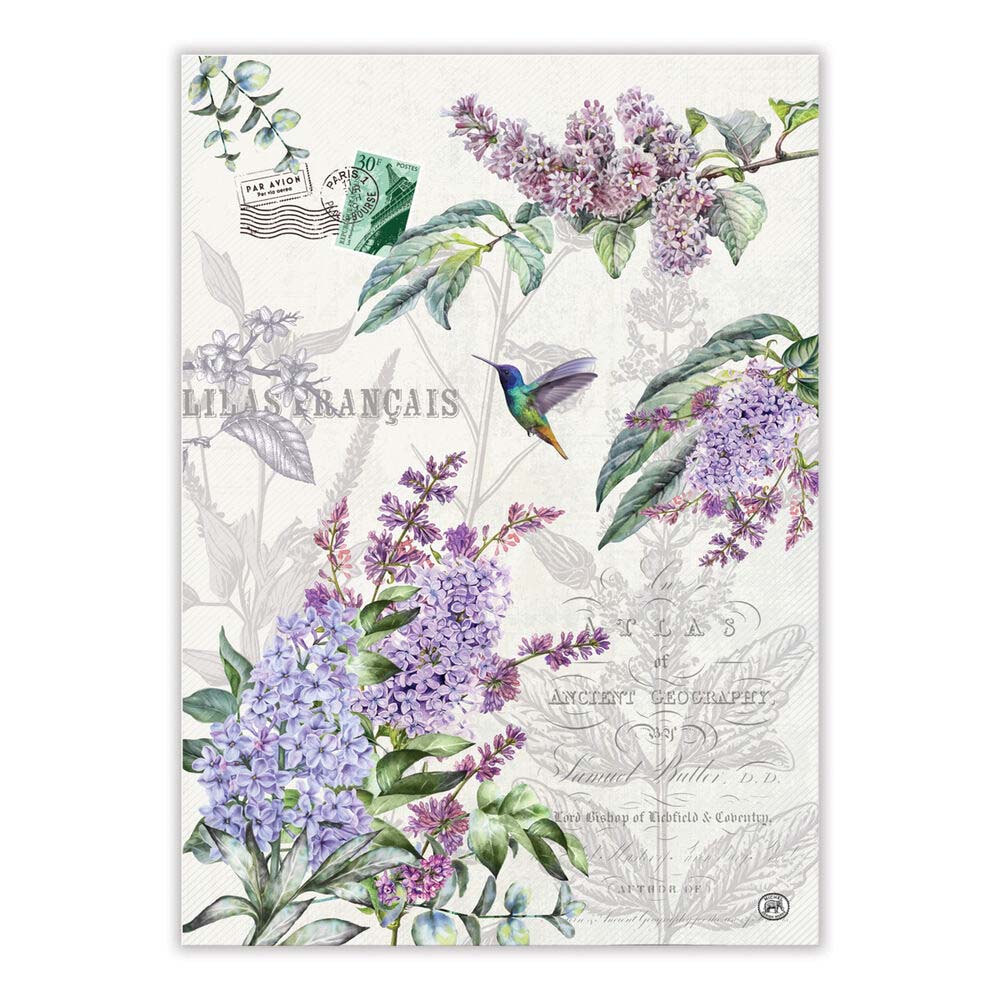 Decorative poster with lilac flowers, leaves, and a hummingbird on a white background.