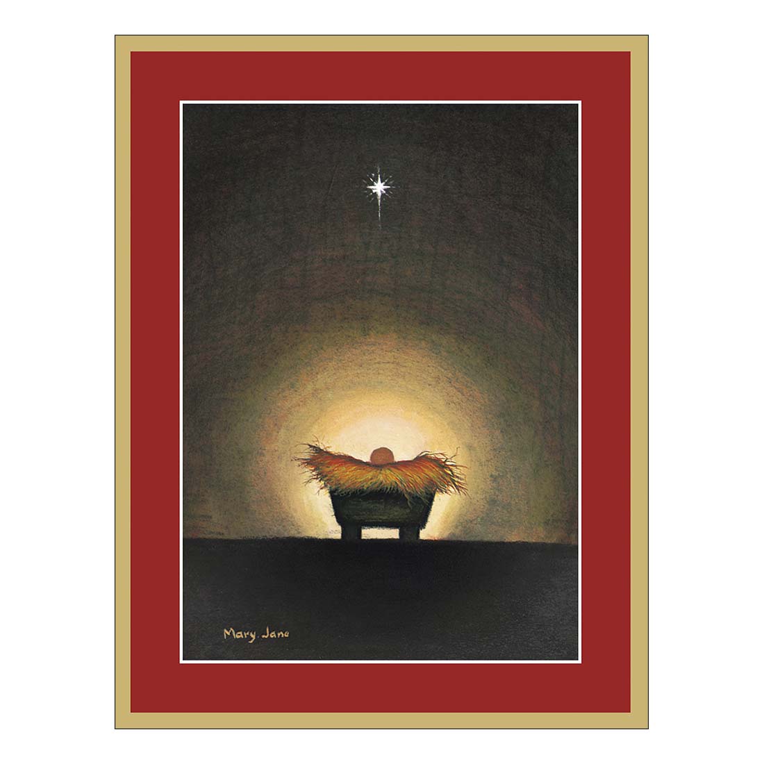 Framed artwork of a nativity scene with a star in the sky.