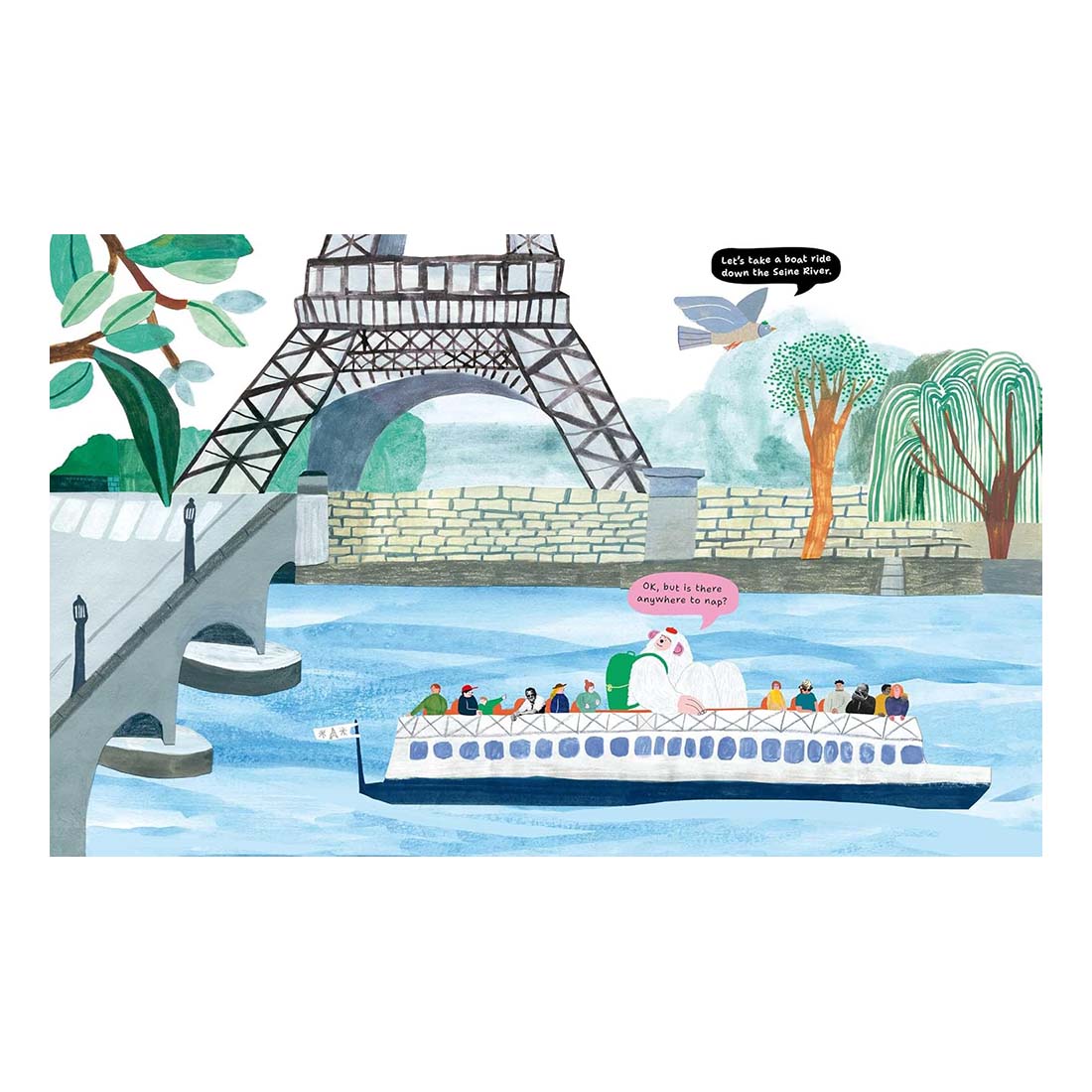 Illustration of a Yeti and a pigeon on a city street with the Eiffel Tower in the background, indicating the setting is Paris. The Best Spot to Nap in Paris