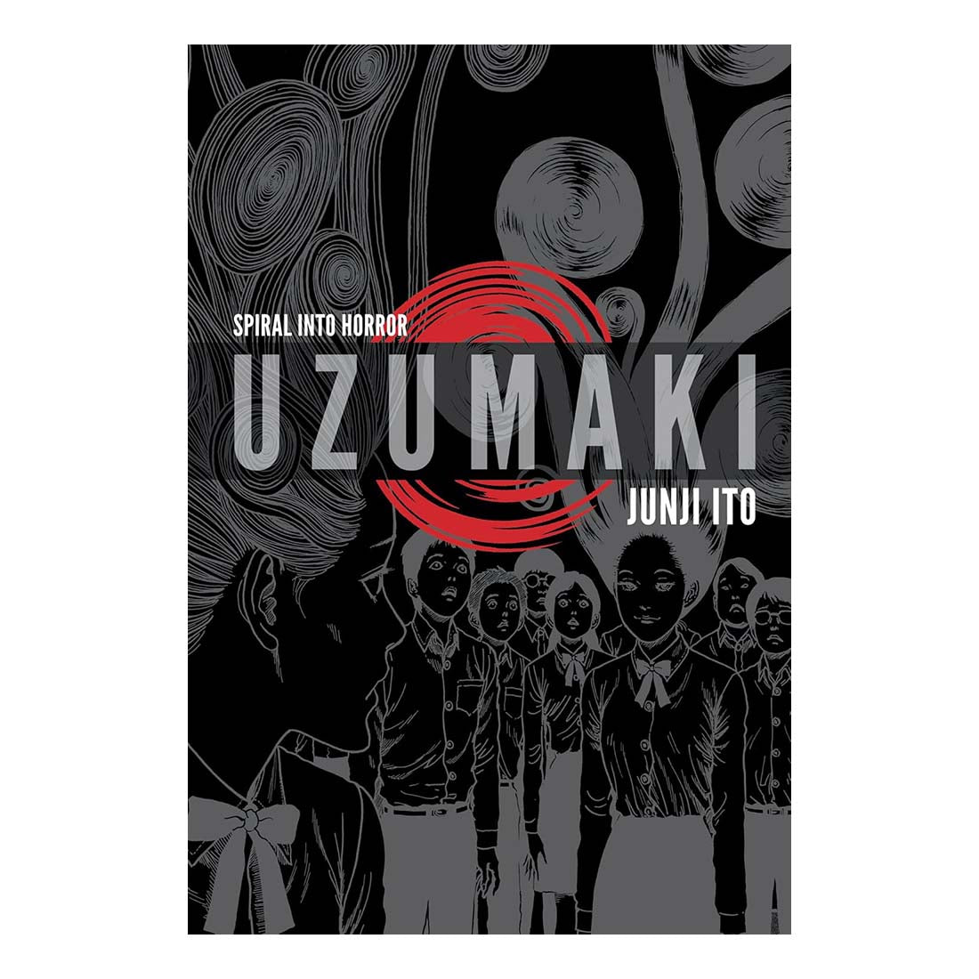 Book cover of 'Uzumaki' by Junji Ito with black and white illustrations and a red circle.