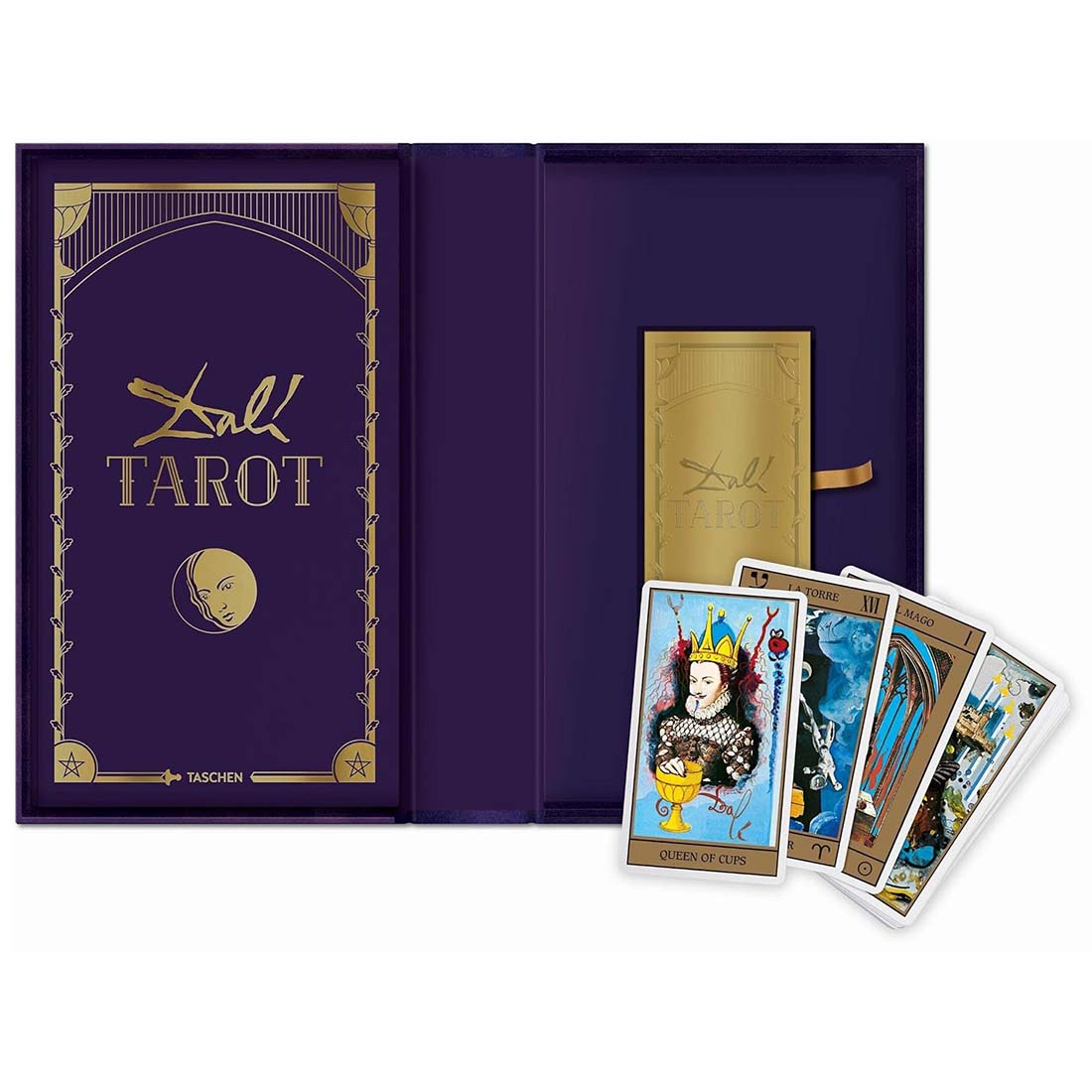 Purple tarot card set with gold lettering and tarot cards displayed in front
