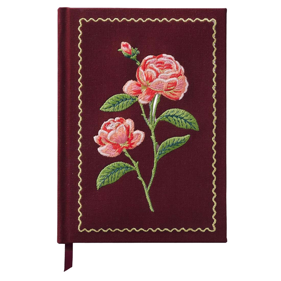 Embroidered notebook with pink roses on a dark red background