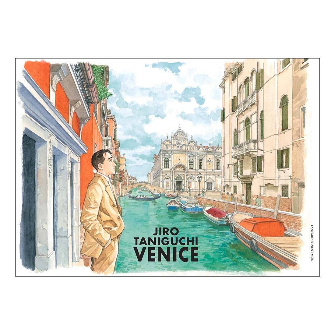 Book cover of 'Venice' by Jiro Taniguchi with a man standing on a street overlooking a canal.