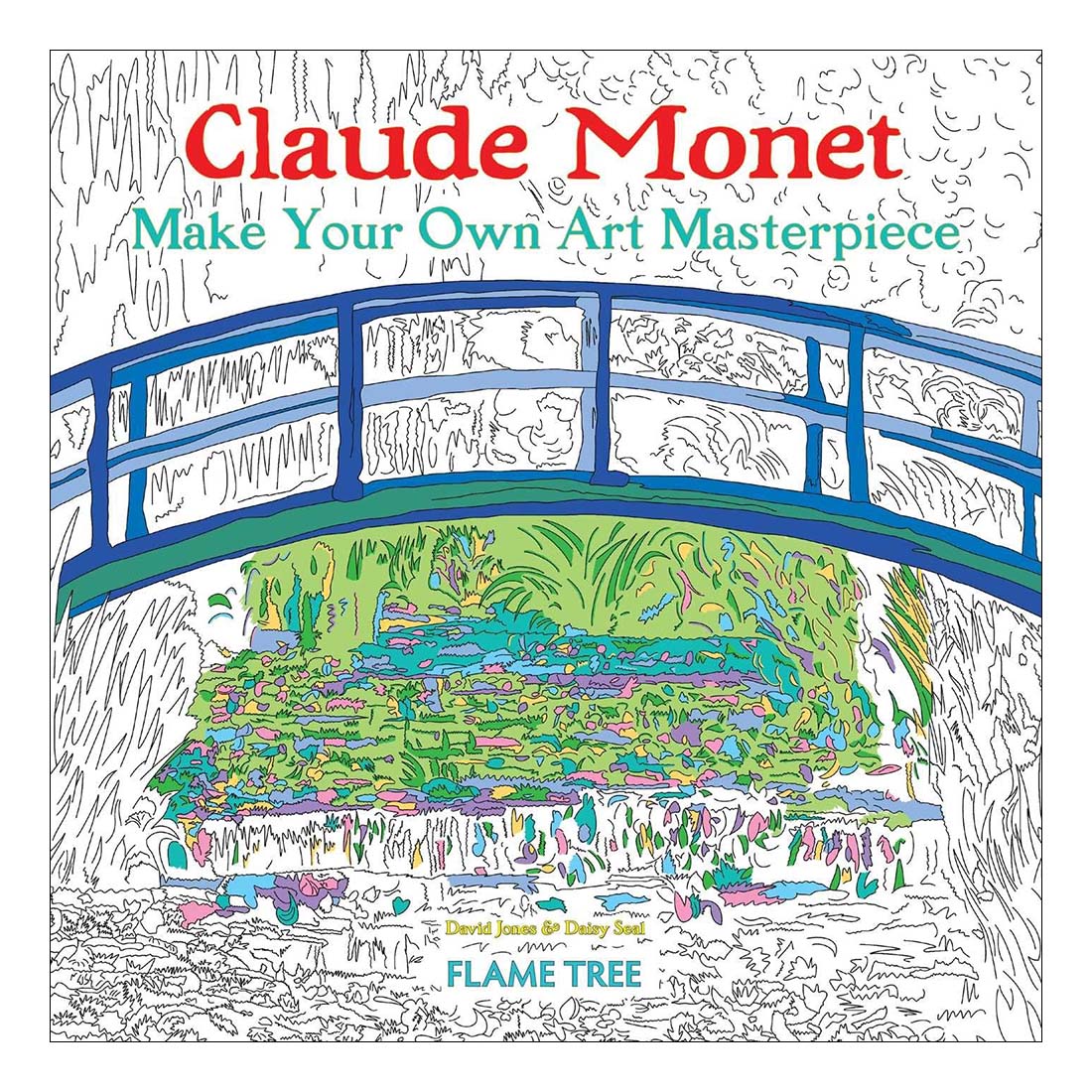 Coloring book cover featuring a bridge over water with colorful design, inspired by Claude Monet's art.