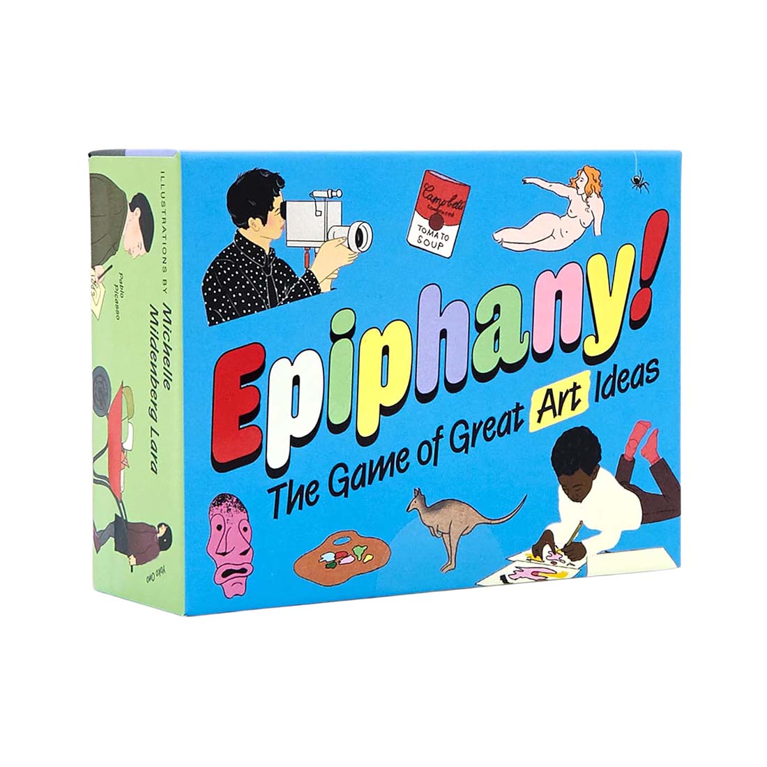 Board game box titled 'Epiphany! The Game of Great Art Ideas' with colorful illustrations on a blue background.