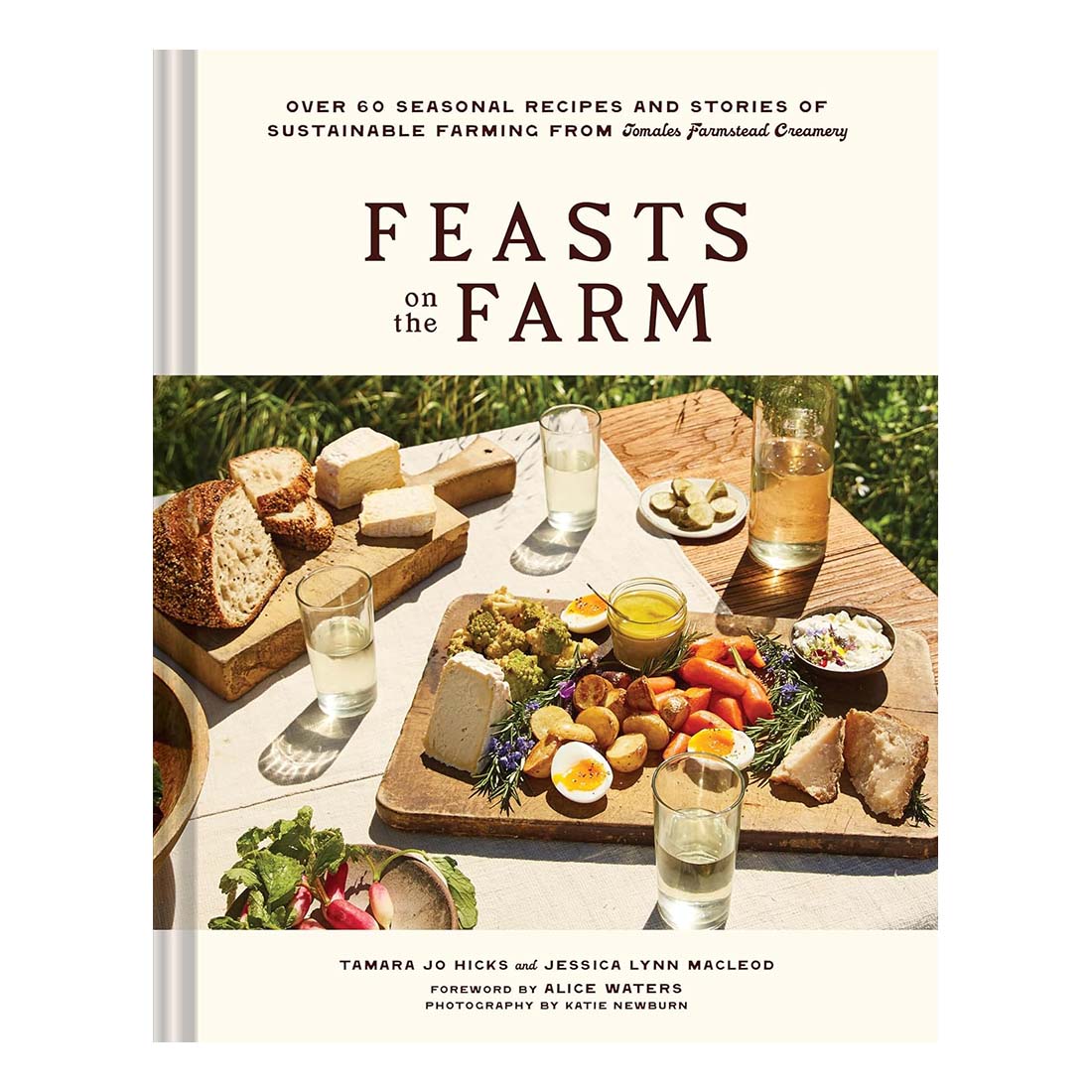 Book cover of 'Feasts on the Farm' with a picnic scene and food.