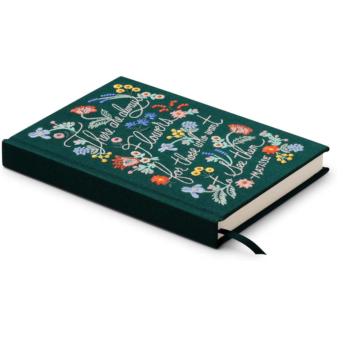 Decorative notebook with floral embroidery and text on a white background