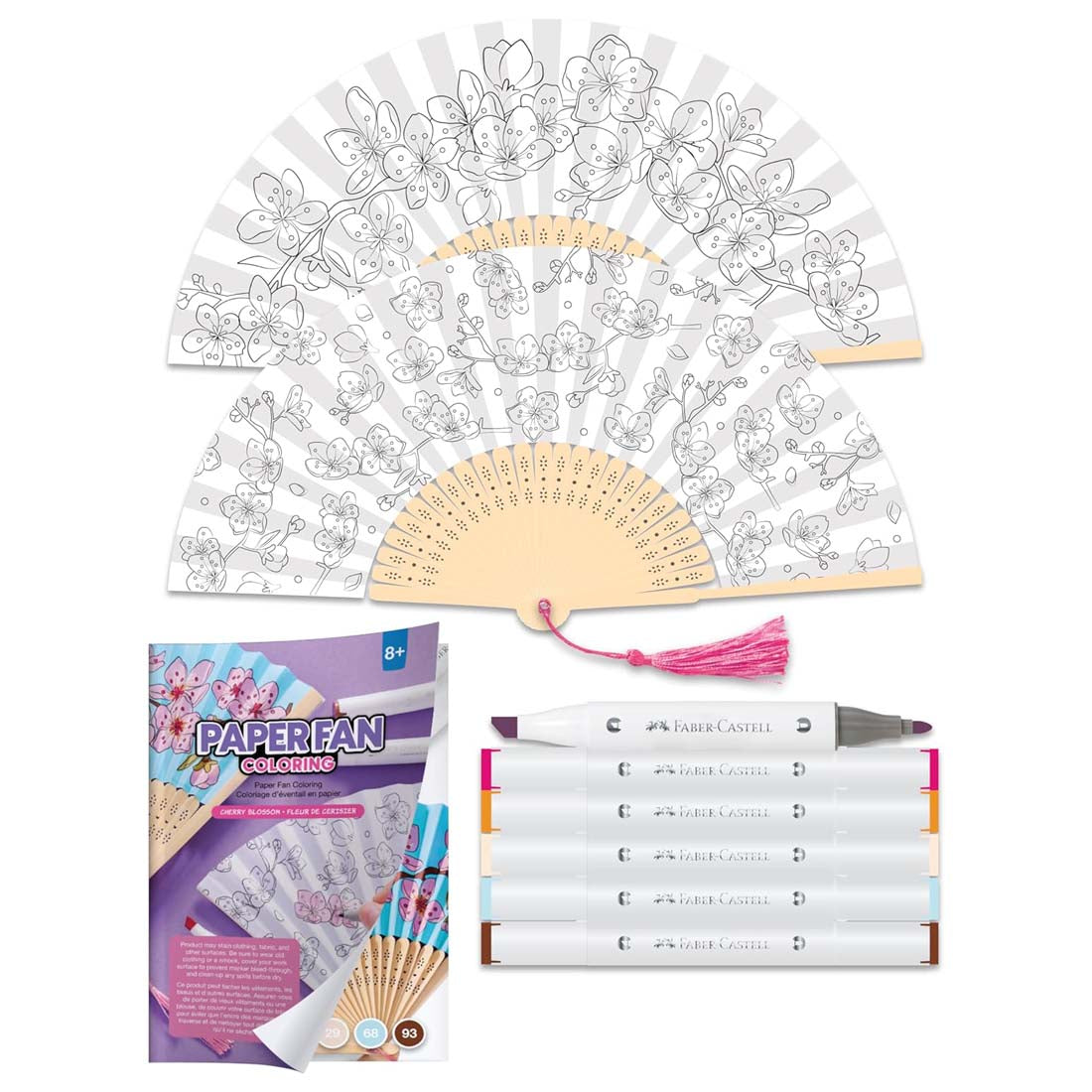Faber-Castell paper fan coloring set packaging with cherry blossom design