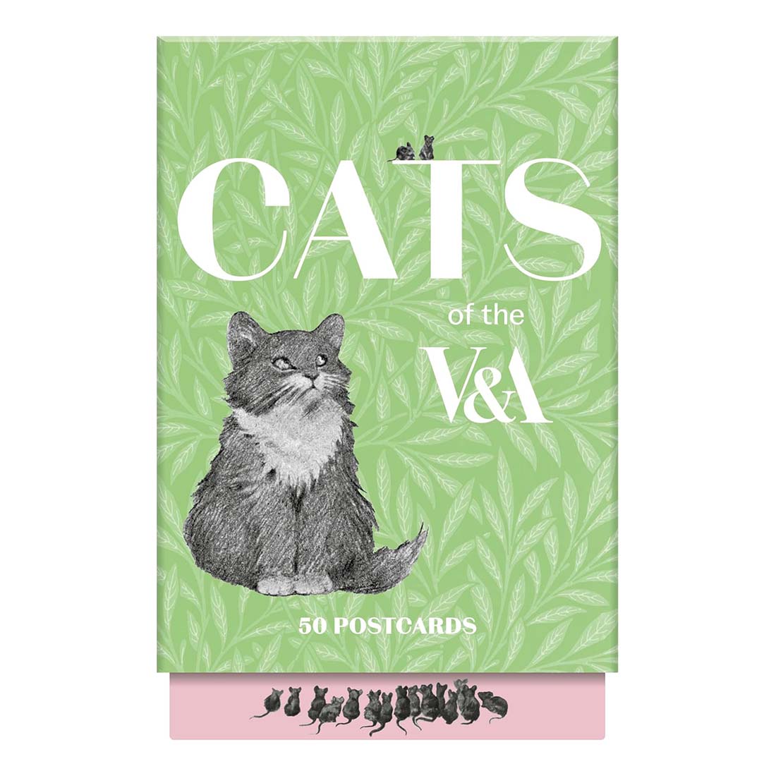 Postcard book cover with a cat illustration and 'Cats of the V&A' text on a green leafy pattern background.