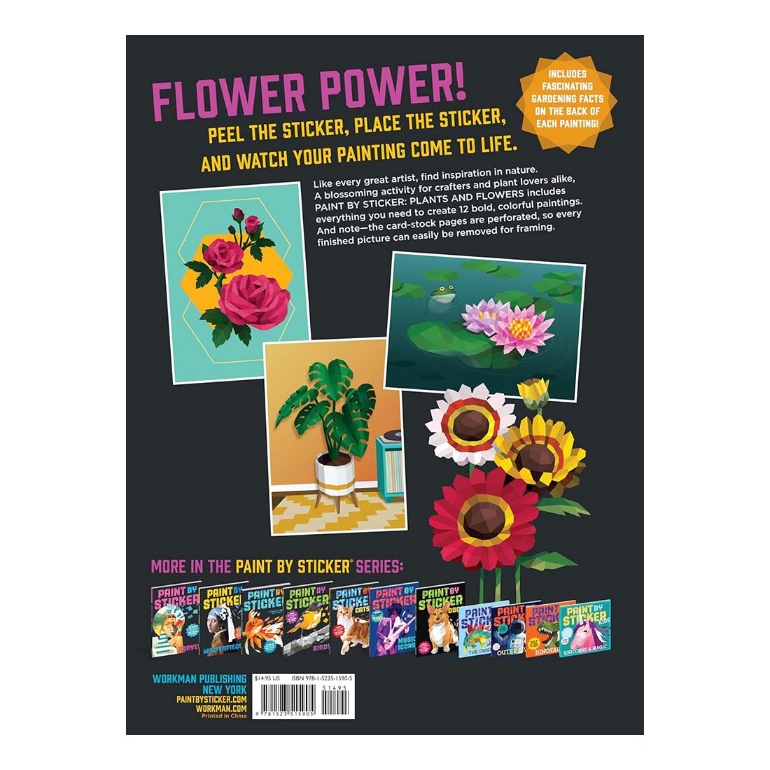 Book cover of 'Paint by Sticker: Plants and Flowers' with colorful flowers and text on a black background.