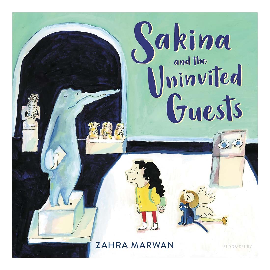 Book cover of 'Sakina and the Uninvited Guests' with illustrations of a child, a cat, and statues.