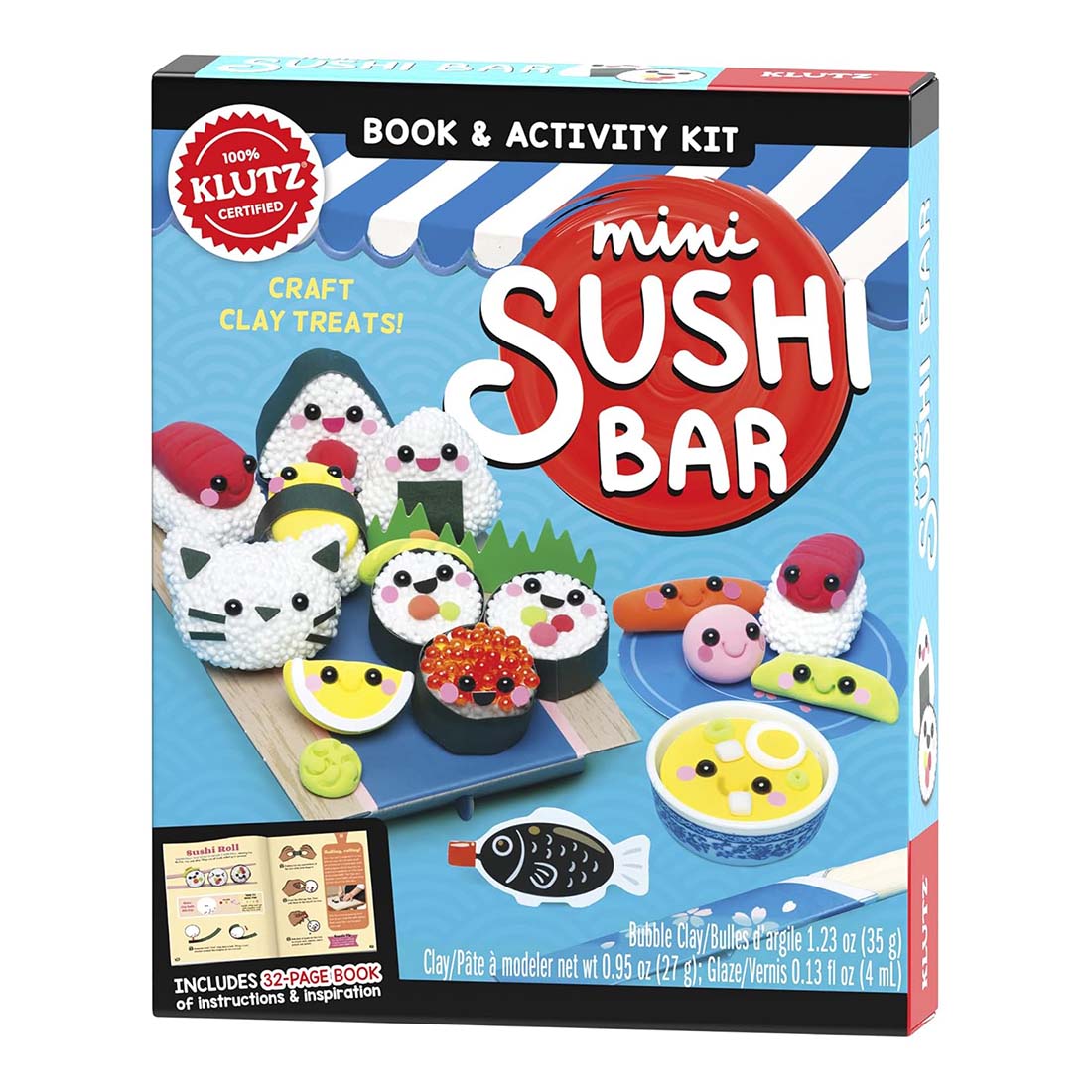 Box for 'mini Sushi Bar' craft kit with clay treats on a blue background