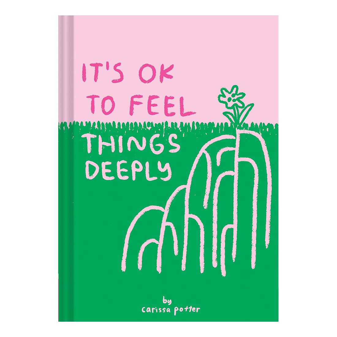 The image depicts the cover of a book titled "It's OK to Feel Things Deeply" by Carissa Potter. The cover design is simple yet striking, featuring a vibrant green background with white illustrations of stylized grasses.