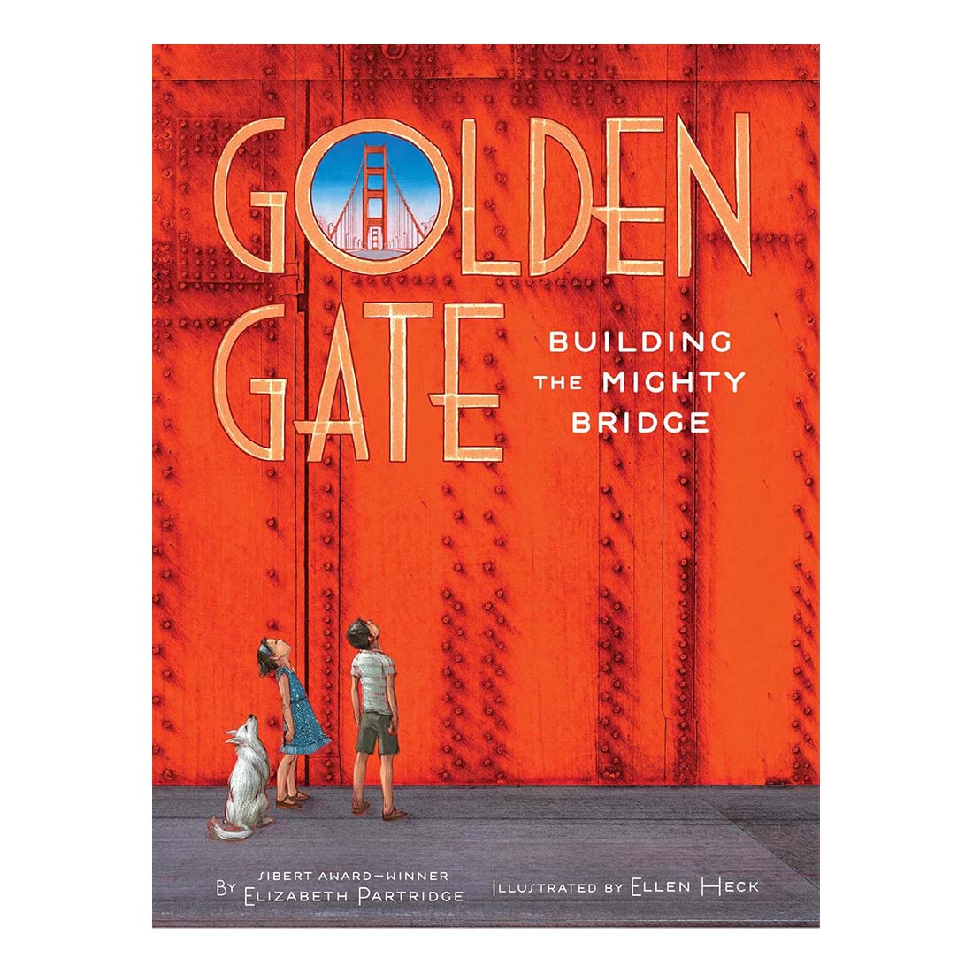 Cover of the children's picture book 'Golden Gate: Building the Mighty Bridge' by Elizabeth Partridge, featuring an illustration of a bridge and two children.