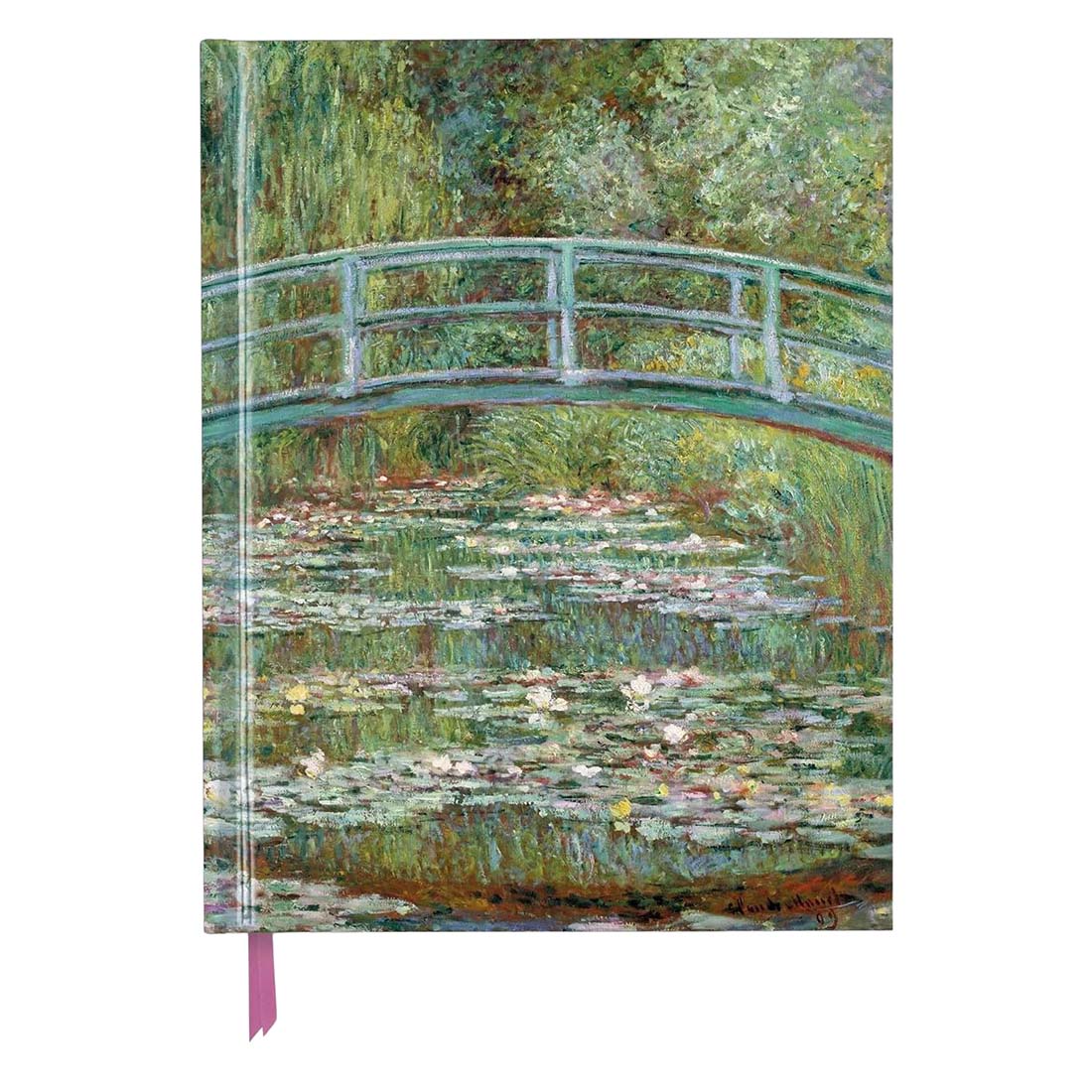 Notebook with a design of a bridge over water lilies, inspired by Monet's artwork.