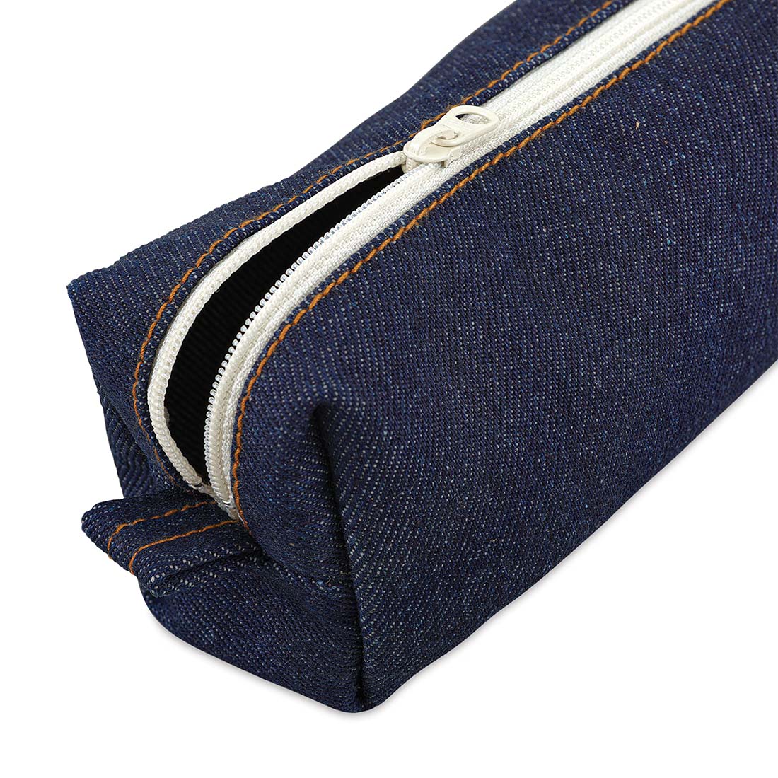 Blue denim pencil case with a white zipper on a white background