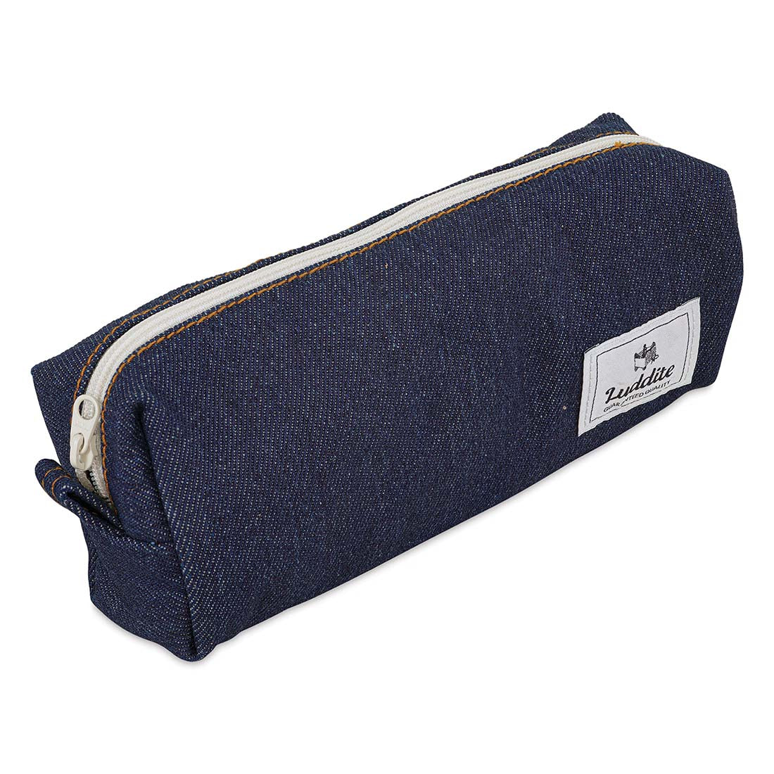 Blue denim pencil case with a white zipper on a white background