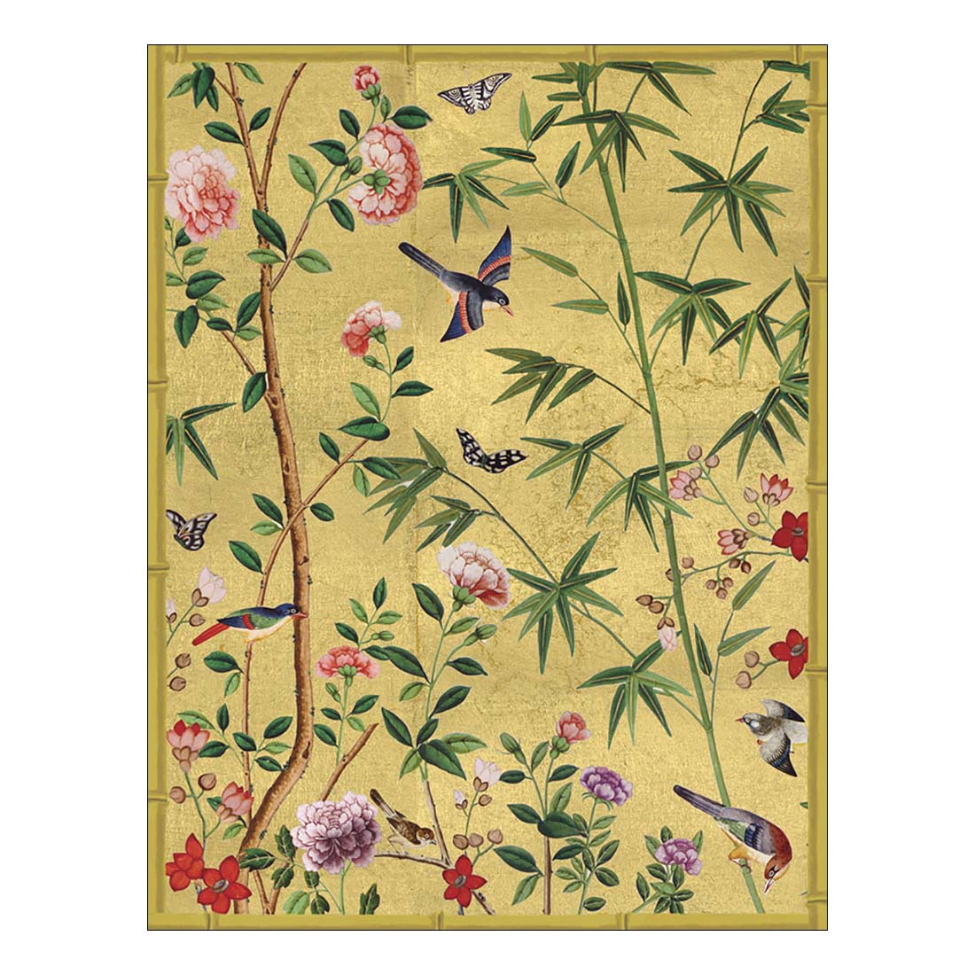 Decorative rug with floral and bird pattern on a yellow background