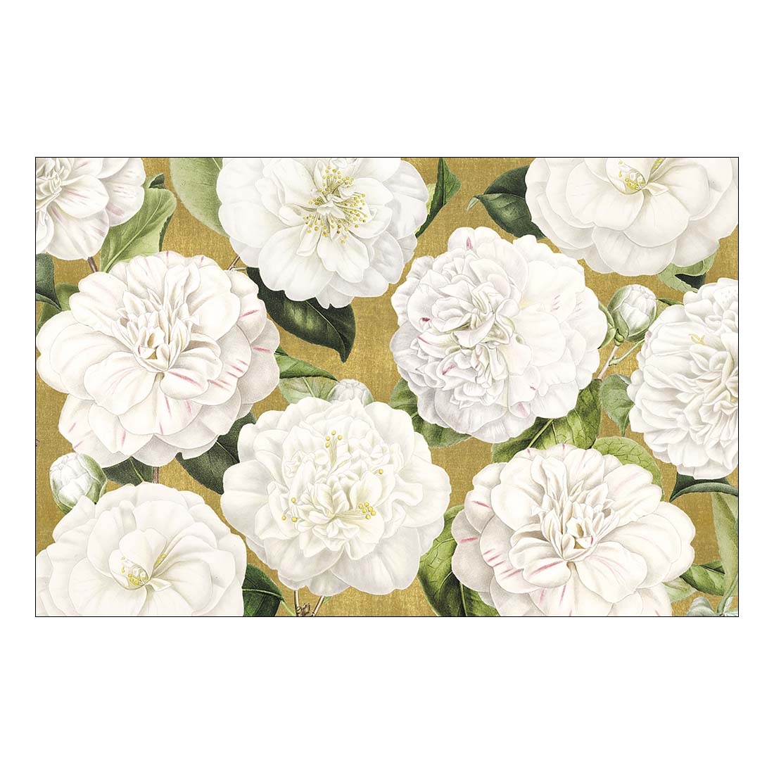 Pattern of white flowers with green leaves on a gold background