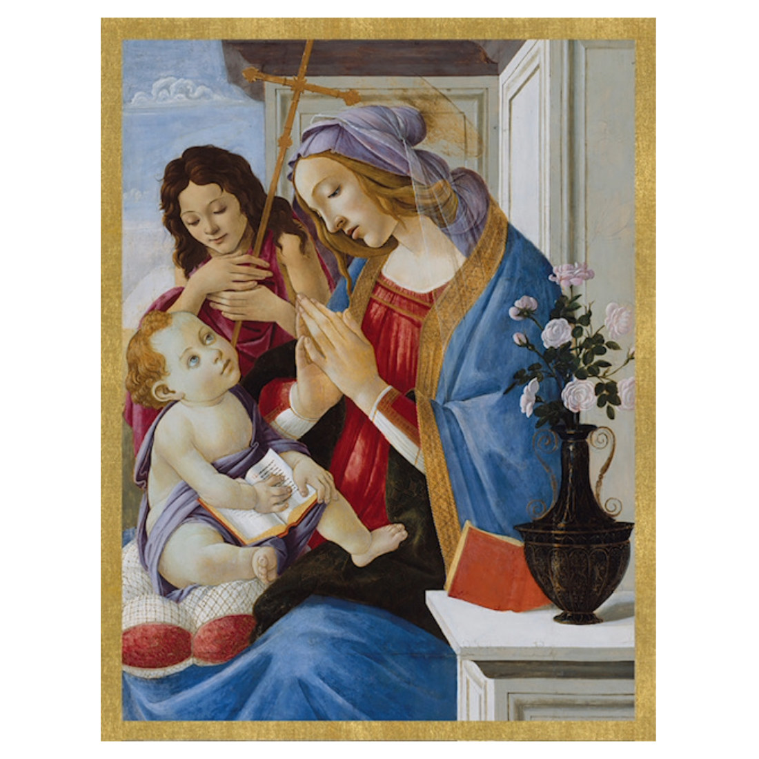 A framed classical painting showing the Madonna and Child, with Mary in a blue robe and red dress holding the infant Jesus, while another woman looks on. The artwork is bordered by a gold frame and includes a vase of flowers on a table.
