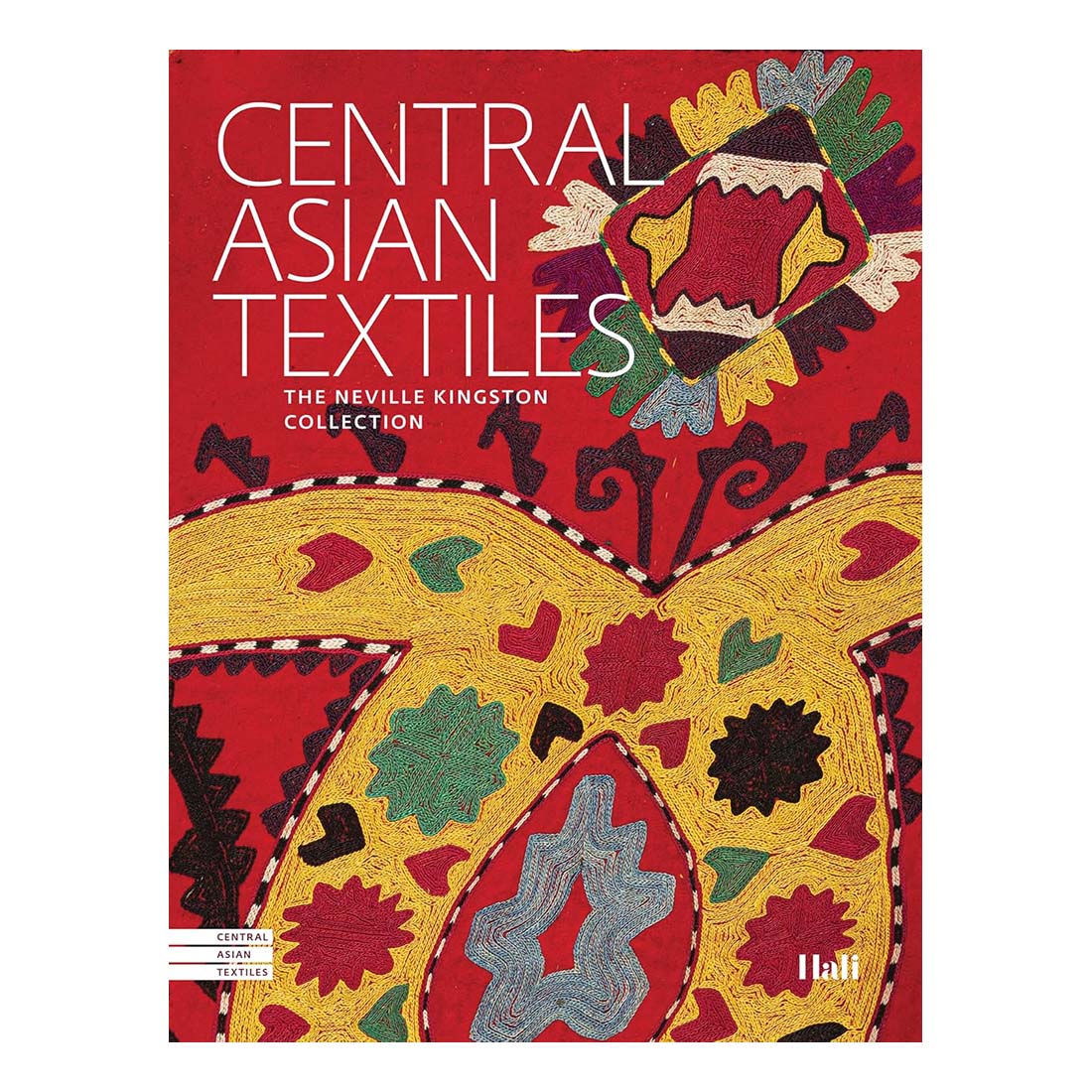Book cover of 'Central Asian Textiles' featuring colorful textile patterns on a red background.