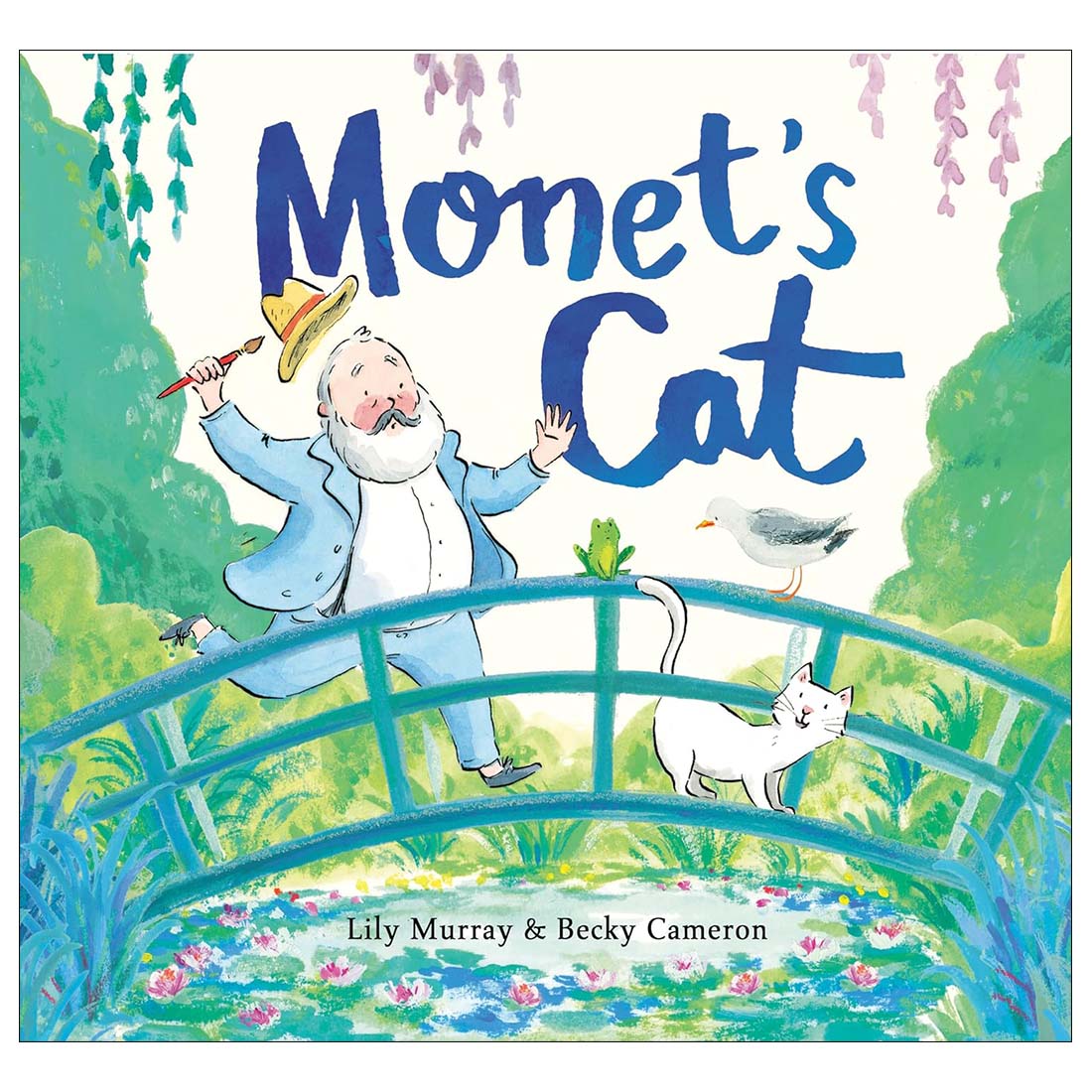 Book cover of 'Monet's Cat' with a man on a bridge and a cat, featuring the title and authors' names.